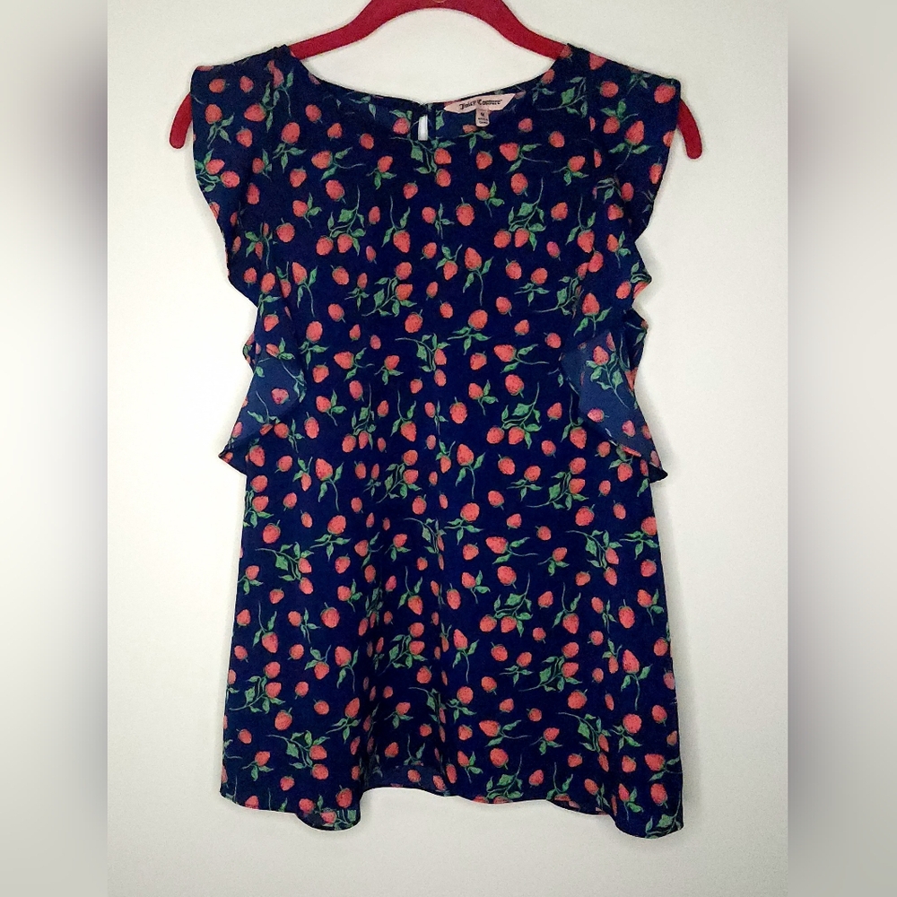 Women's Juicy Couture Navy Blue Strawberry Print Ruffle Sleeve Blouse- Size M